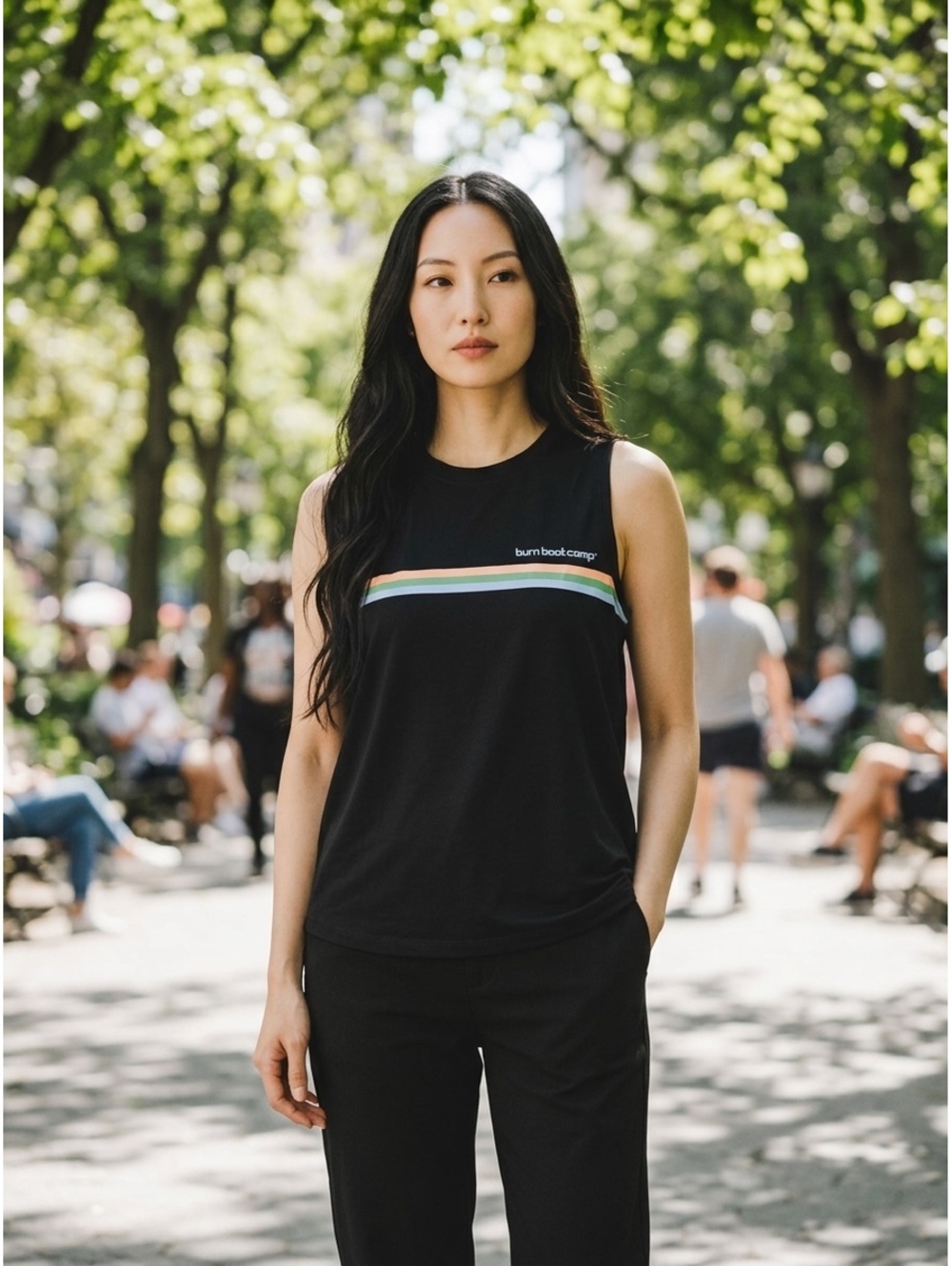 #107 Burn Boot Camp Women's Black Sleeveless Workout Tank Top Rainbow Stripe
